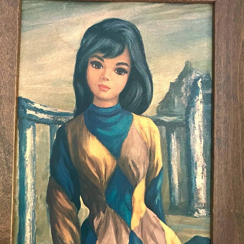 Vintage 60’s mod big eyes harlequin girl litho framed art by Maio - Picture 2 of 5